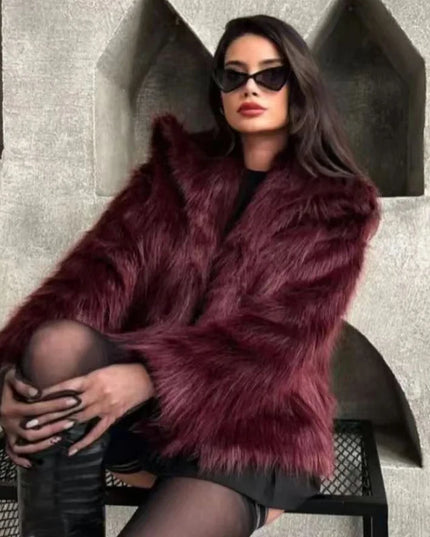 Women’s Plush Faux Fur Crop Jacket - Long Sleeve Stylish Coat