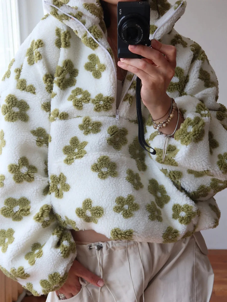 Women's Sherpa Floral Half Zip Hoodie - Loose Fit Hooded Sweater for Women