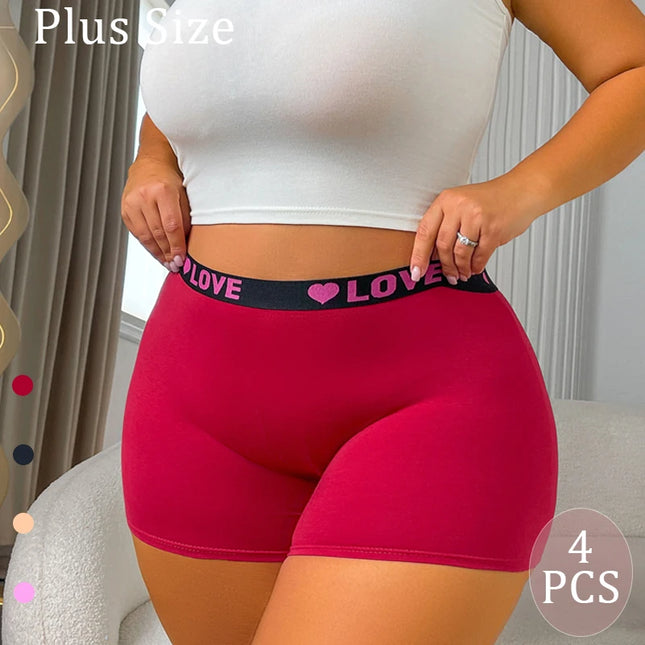 4PCS Plus Size Women's Comfort Cotton Boxer Briefs with Love Heart Print