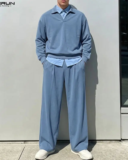 INCERUN Men’s Two-Piece Set with Long-Sleeve Sweatshirt and Wide-Leg Pants