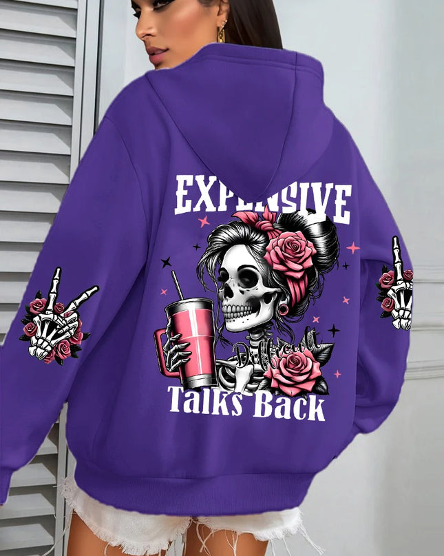 Women's "Expensive Talks Back" Printed Hoodie Sweater - Loose Fit