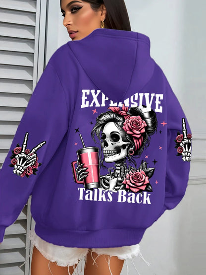 Women's "Expensive Talks Back" Printed Hoodie Sweater - Loose Fit