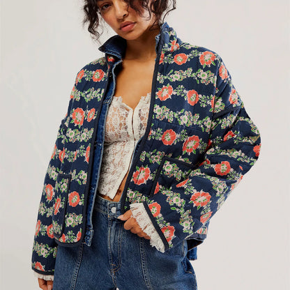 Women's Floral Print Lightweight Padded Quilted Cardigan Jacket