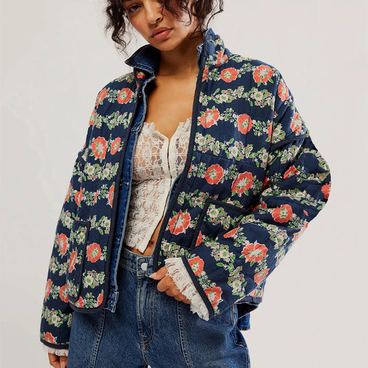 Women's Floral Print Lightweight Padded Quilted Cardigan Jacket