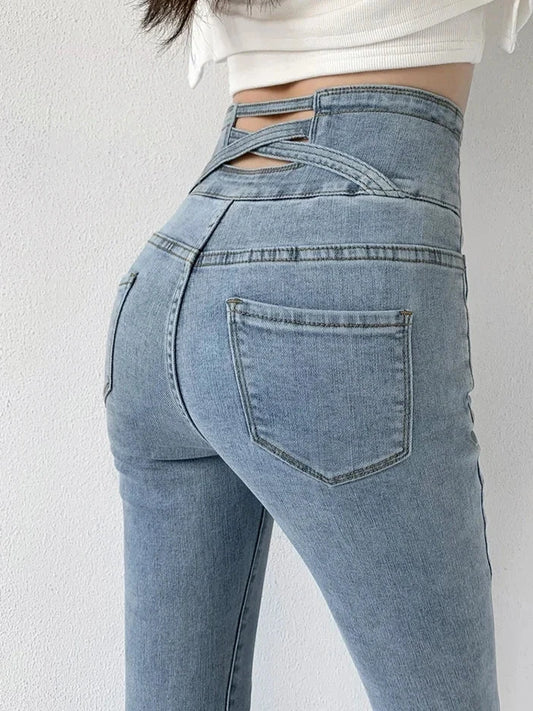 Vintage High-Waist Skinny Pencil Jeans with Four Buttons - Slim Stretch