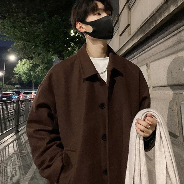 Men's Woollen Long Coat with Turn-Down Collar