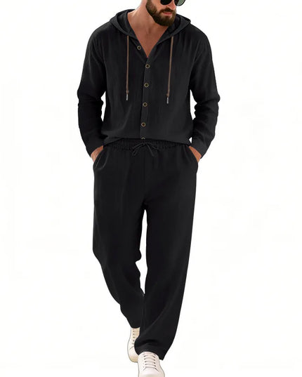 Men's 2-Piece Casual Outfit with Hooded Button-Down Shirt and Long Pants Set