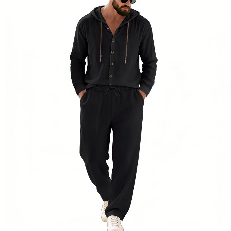 Men's 2-Piece Casual Outfit with Hooded Button-Down Shirt and Long Pants Set