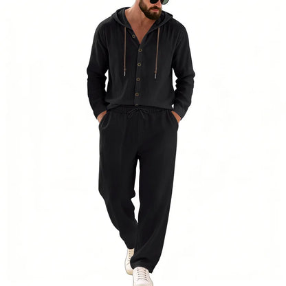 Men's 2-Piece Casual Outfit with Hooded Button-Down Shirt and Long Pants Set