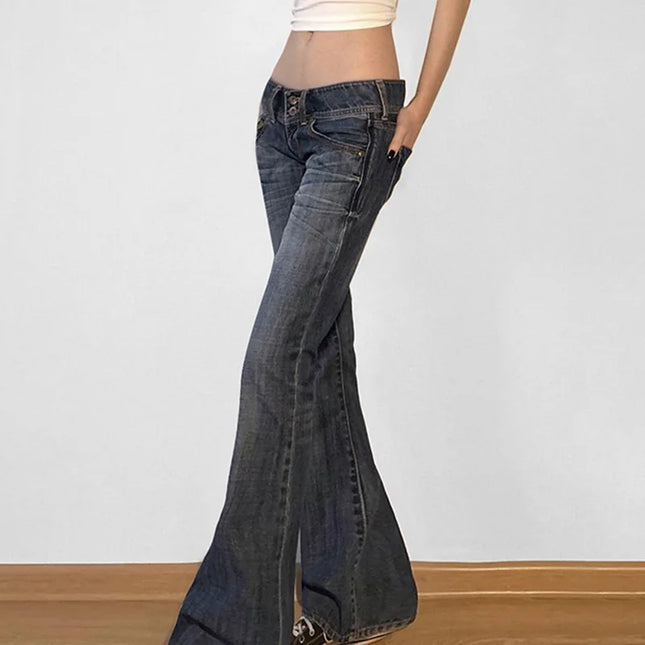 Vintage Women’s Flare Jeans – Distressed Denim Trousers with Low Waist, Washed Finish