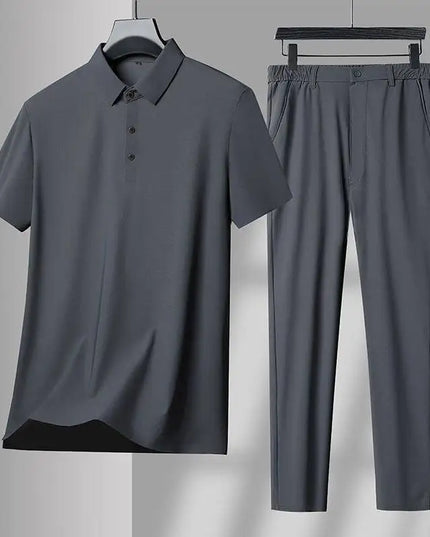Men's Two-Piece Relaxed Ice Silk Stan Collar T-Shirt and Pants Set