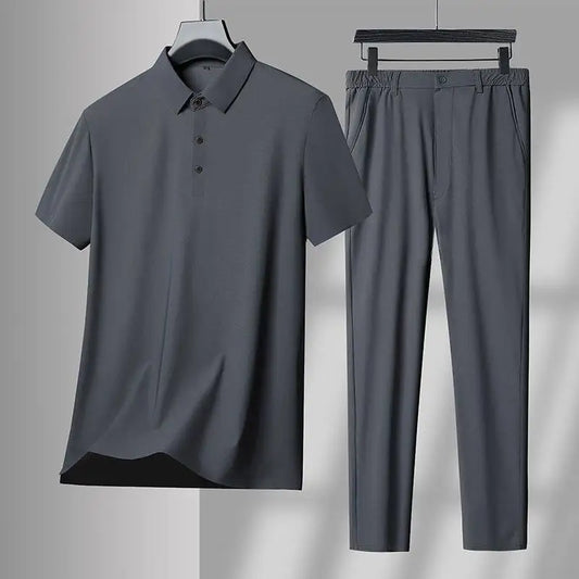 Men's Two-Piece Relaxed Ice Silk Stan Collar T-Shirt and Pants Set