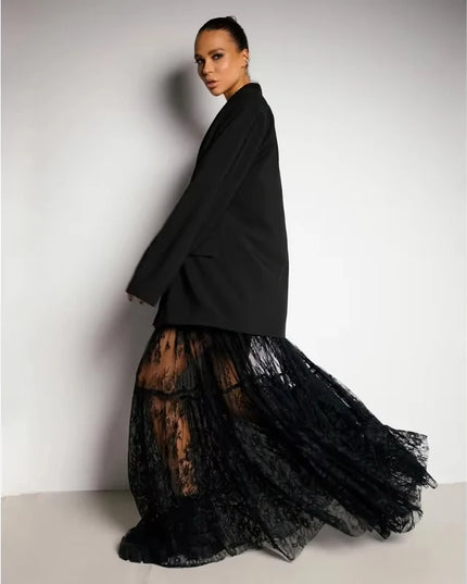 Chic Long Transparent Black Lace Skirt for Women