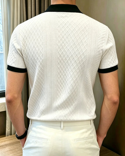 Men’s Jacquard Polo Shirt with Short Sleeves, Ribbed Collar, and 2-Button Placket