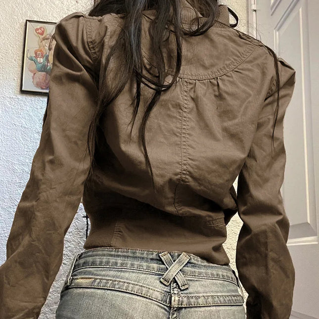 Vintage Jacket for Women – Slim Fit, Stand Collar, Zip-Up Design with Pockets