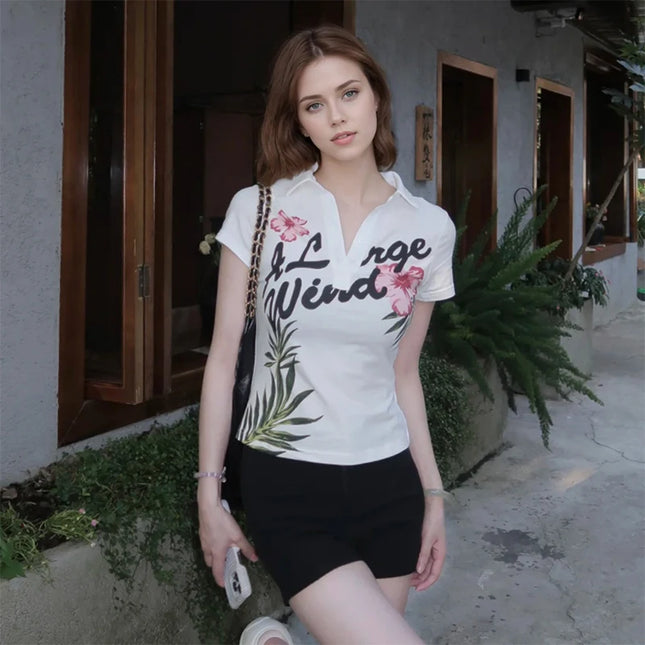 Women's Letter & Floral Print Polo Neck T-Shirt