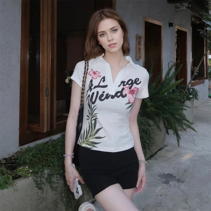 Women's Letter & Floral Print Polo Neck T-Shirt