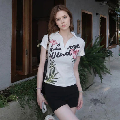 Women's Letter & Floral Print Polo Neck T-Shirt