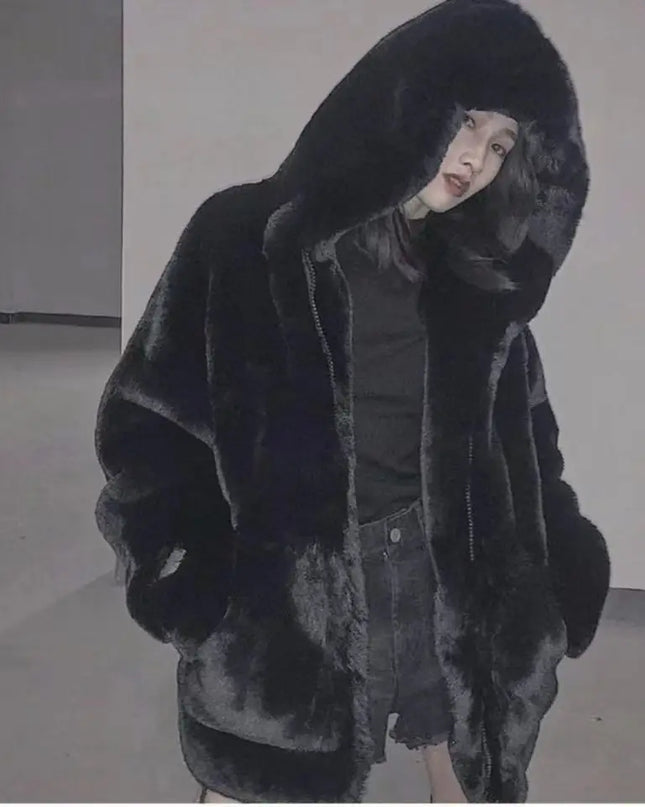 Women's Loose Plush Faux Fur Hooded Jacket