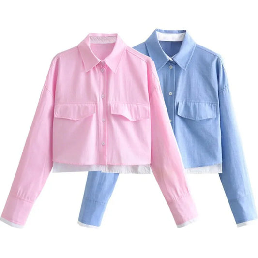 Women's Crop Blouse Shirt with Lapel, Long Sleeves, and Pocket