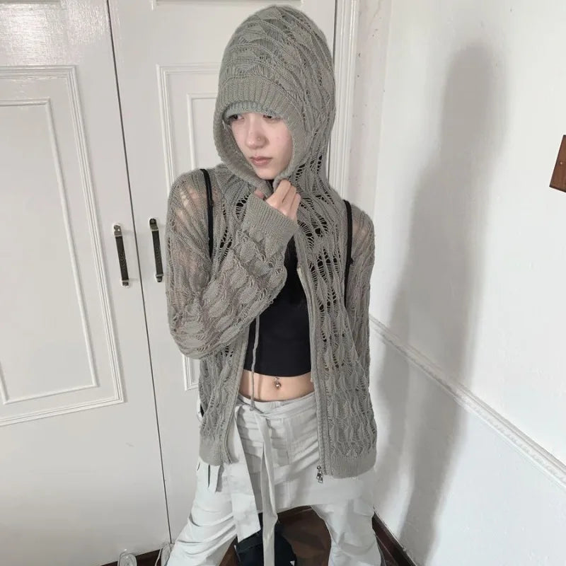 Vintage Hollow Loose Fit Zipper Long-Sleeved Cardigan for Women