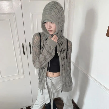 Vintage Hollow Loose Fit Zipper Long-Sleeved Cardigan for Women