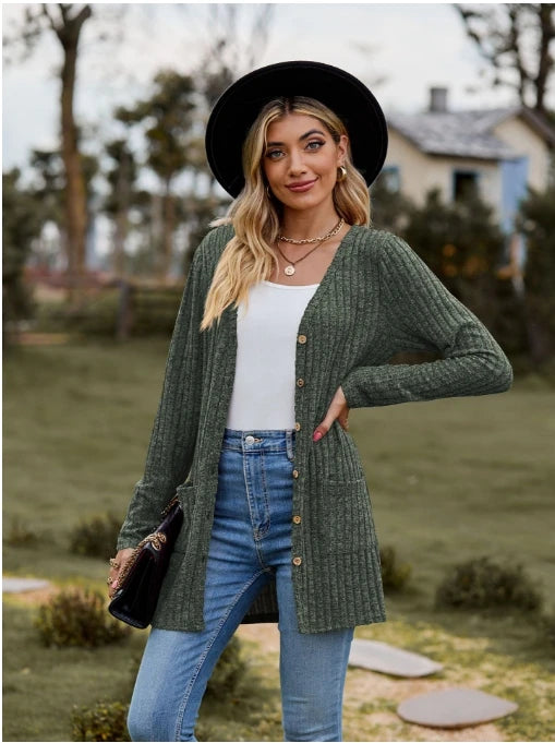 Women's Milled Pit Stripe Button-Front Long Sleeve Cardigan