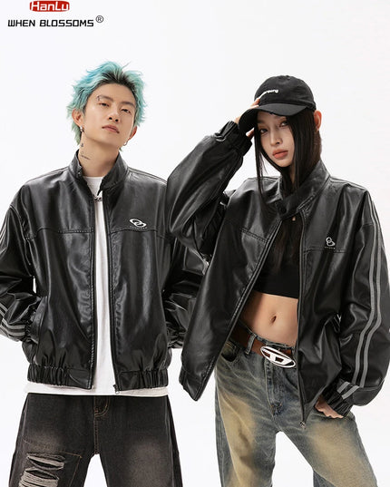 Unisex Black PU Leather Jacket with Metallic Print