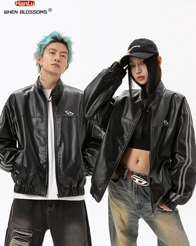 Unisex Black PU Leather Jacket with Metallic Print