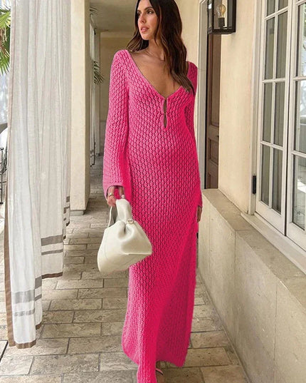Women's Knitted Crochet Maxi Cover Up Dress - Hollow Long Sleeve & Backless