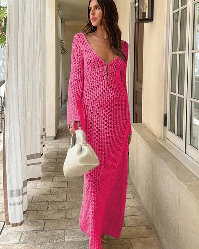 Women's Knitted Crochet Maxi Cover Up Dress - Hollow Long Sleeve & Backless