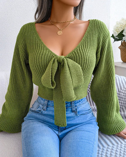 Bow Tie Sweater for Women with Puff Sleeves