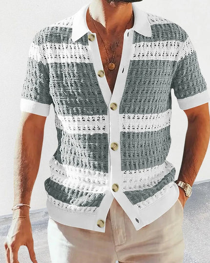 Men’s Casual Striped Knitted Button-Up Shirt with Lapel