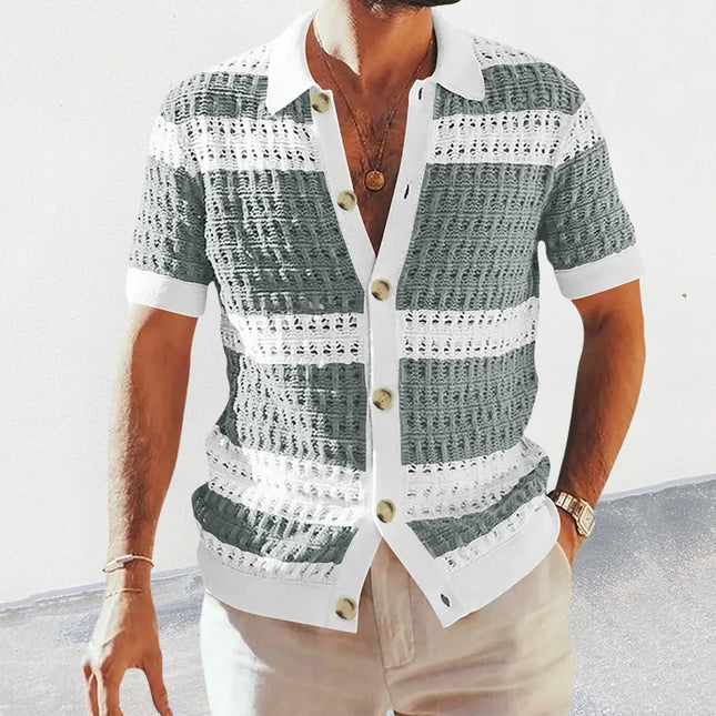 Men’s Casual Striped Knitted Button-Up Shirt with Lapel