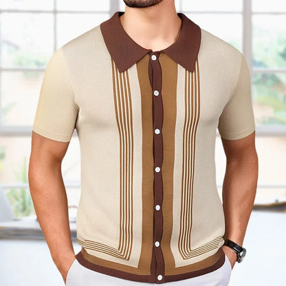 Men's Breathable Striped Knit Patchwork Polo Shirt - Short Sleeve Button-Up