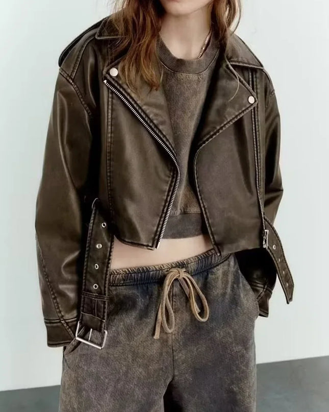 Vintage-Inspired Women’s Loose Faux Leather Short Jacket with Belt and Zipper
