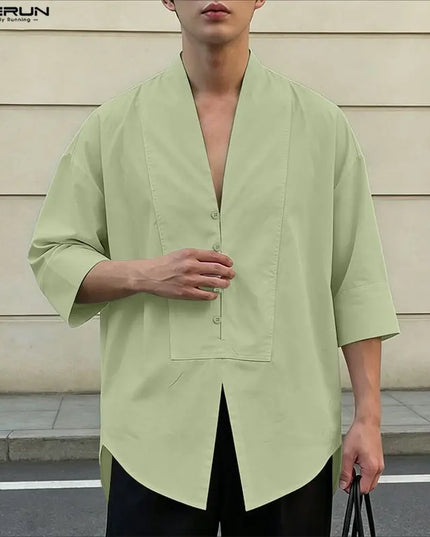 INCERUN Men's V-Neck Half Sleeve Loose Fit Shirt