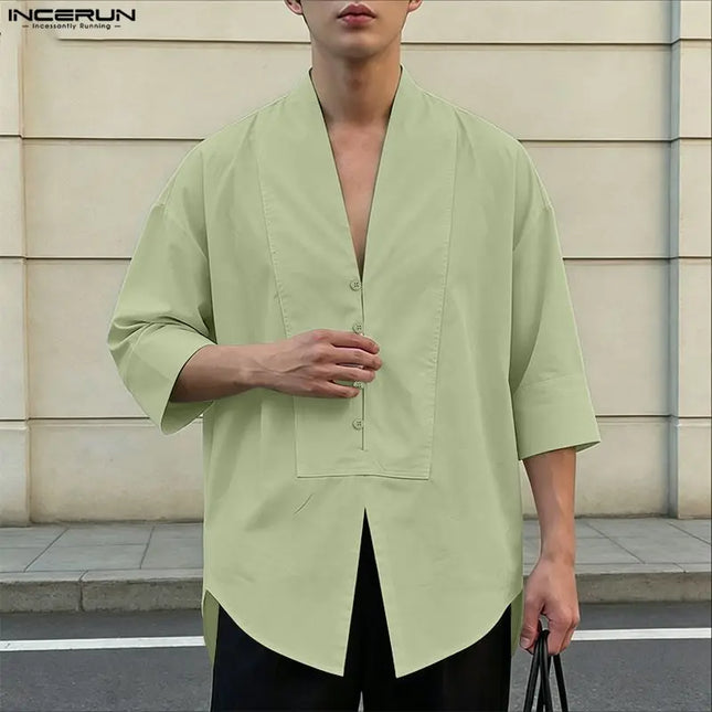 INCERUN Men's V-Neck Half Sleeve Loose Fit Shirt