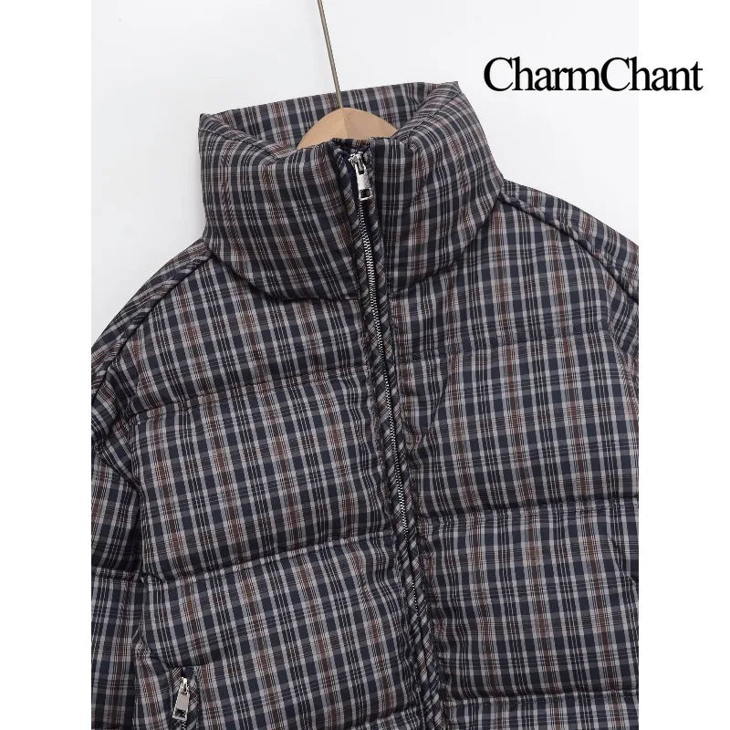 CharmChant Women's Stand-Collar Plaid Puffer Parka Jacket with Padding