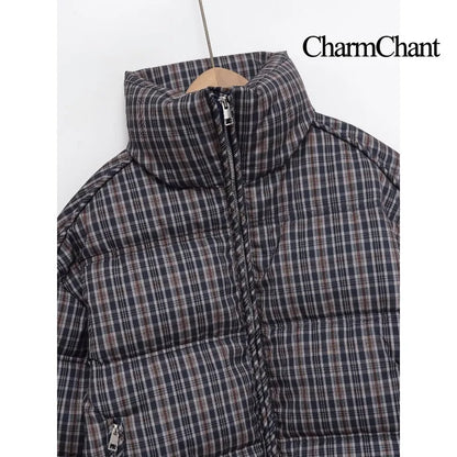 CharmChant Women's Stand-Collar Plaid Puffer Parka Jacket with Padding