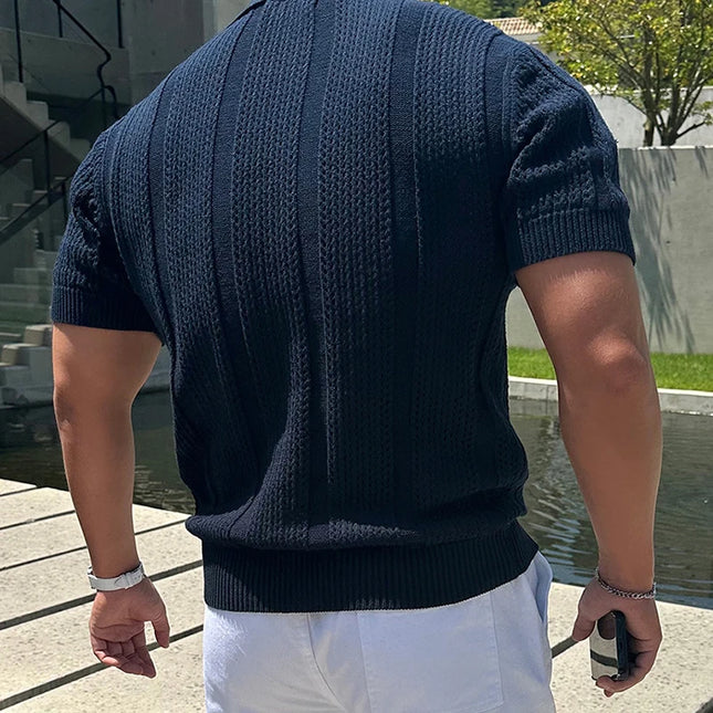 Men's Slim Fit Knitted Short Sleeve Mesh Polo Shirt with Lapel