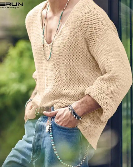 Incerun Men's Knitted V-Neck Long Sleeve Hollow-Out Loose Sweater