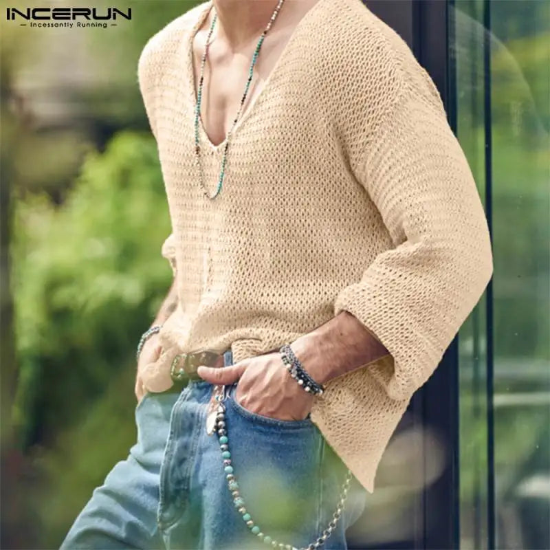 Incerun Men's Knitted V-Neck Long Sleeve Hollow-Out Loose Sweater