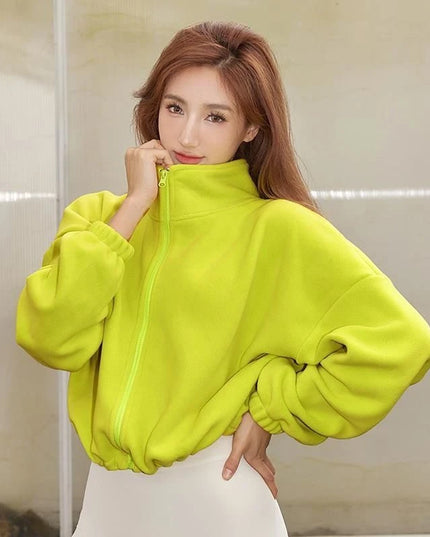 Women's High-Waist Casual Zip-Up Jacket with High Collar