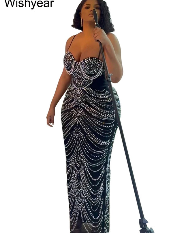 Wishyear Women's Luxe Brown Gown with Sparkling Crystal Rhinestones and Pearls