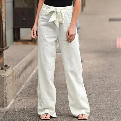 Women's Casual Loose Cotton Linen Pants - Elastic Waist, Straight Fit,