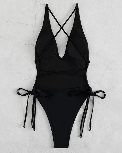 Women's Deep V Neck One-Piece Swimsuit with Hollow Out Design & Pleated Style
