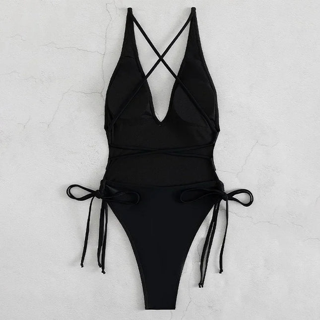 Women's Deep V Neck One-Piece Swimsuit with Hollow Out Design & Pleated Style
