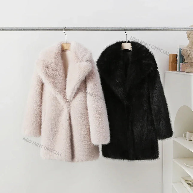Women's Faux Fur Lapel Coat – Luxury Furry Overcoat for Women