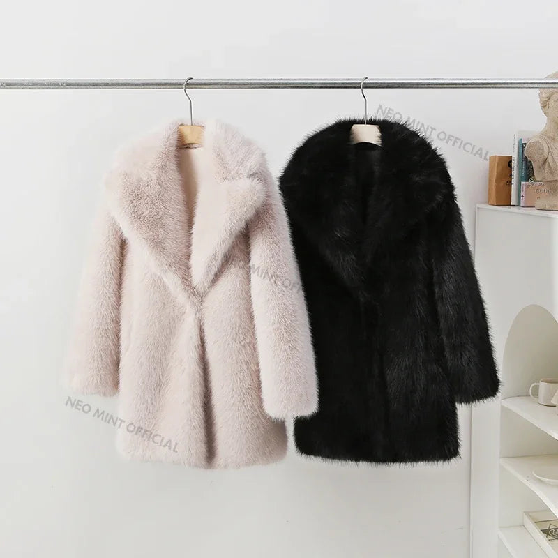 Women's Faux Fur Lapel Coat – Luxury Furry Overcoat for Women